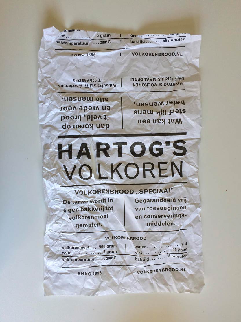 Hartog’s Volkoren Broodpapier<br>
Zeist NL, 22 februari 2018